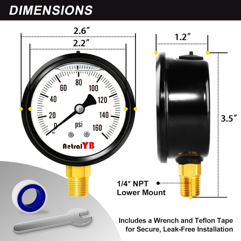 AetralYB 0-160 Psi Pressure Gauge,Stainless Steel Case,Glycerin Liquid Filled, 2.5" Dial Size, 1/4" NPT Lower Mount, IP67 Waterproof,for Water Pump, Air Compressor, Well Pump, RV Regulator - Image 5